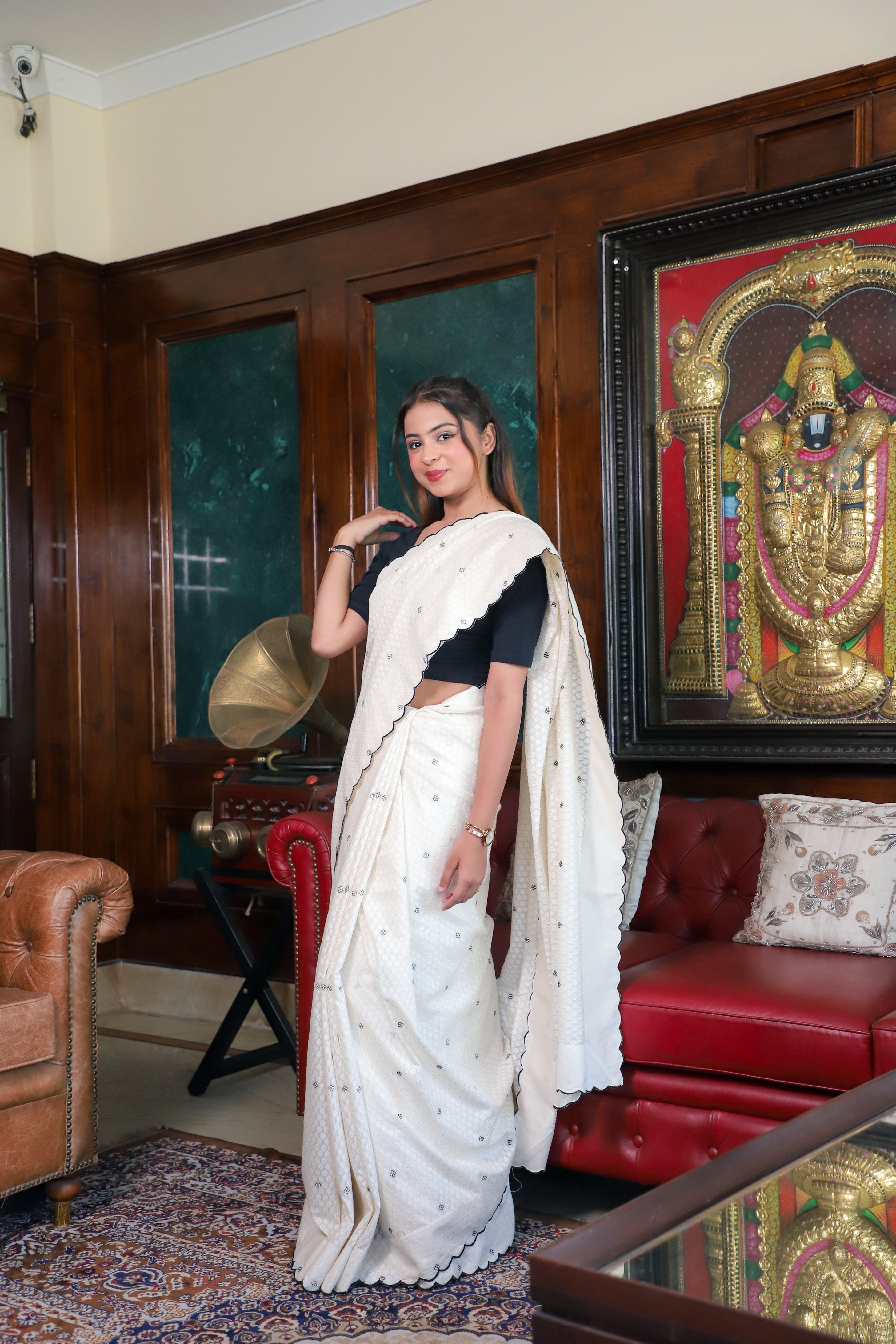 Off-White Cotton Saree with Black Floral Butti & Subtle Gold Dot Work