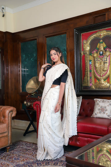 Off-White Cotton Saree with Black Floral Butti & Subtle Gold Dot Work
