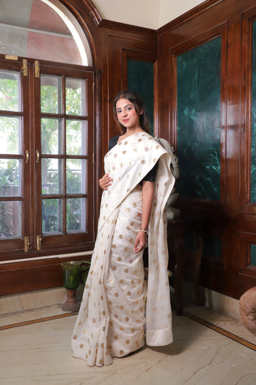 Elegant Cream Organza Saree with Gold Polka Dots – Festive & Party Wear Designer Saree