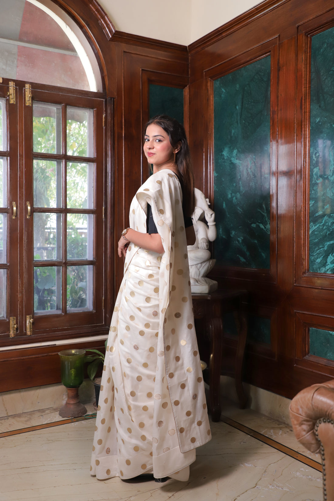Elegant Cream Organza Saree with Gold Polka Dots – Festive & Party Wear Designer Saree
