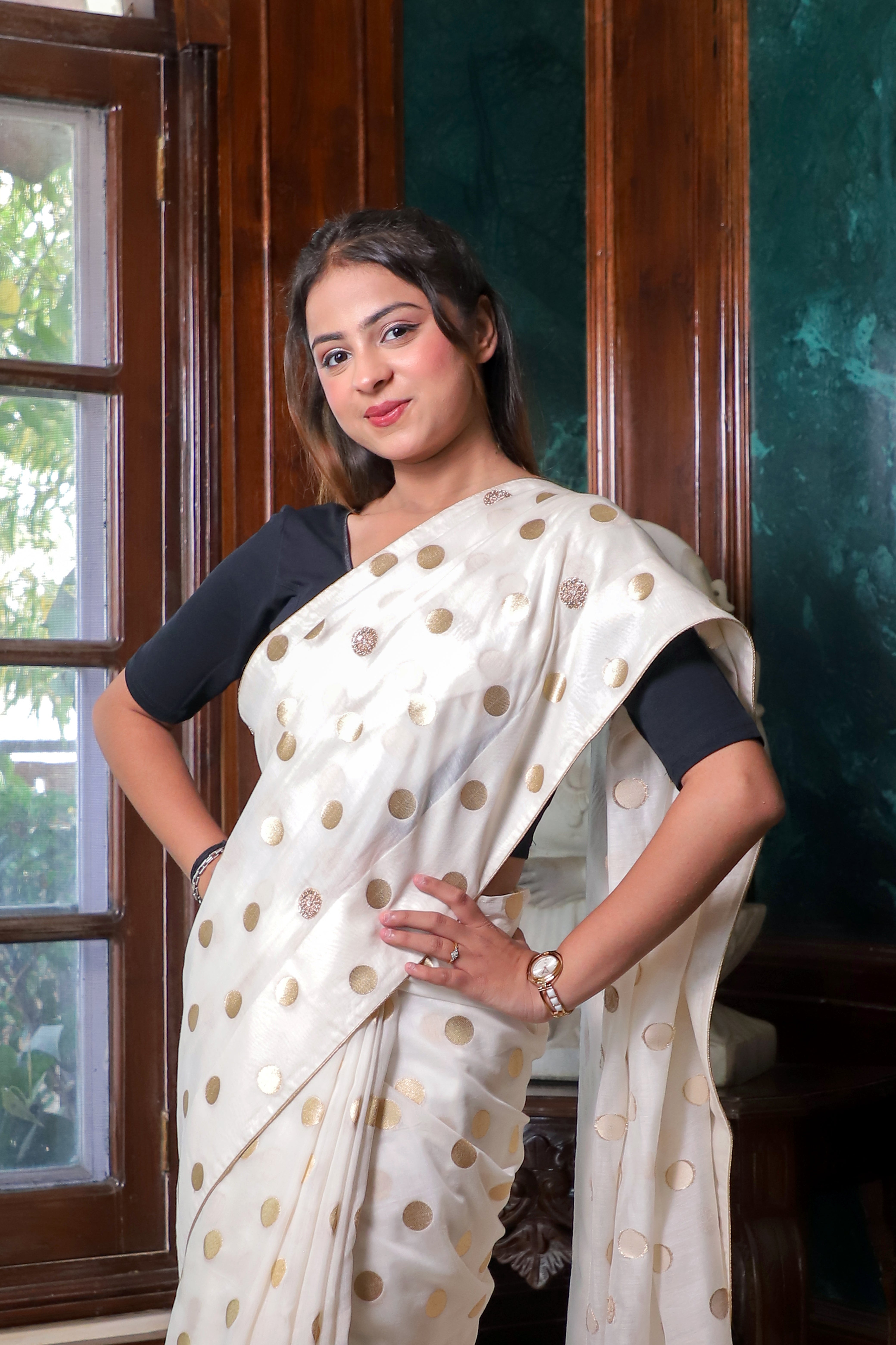 Elegant Cream Organza Saree with Gold Polka Dots – Festive & Party Wear Designer Saree