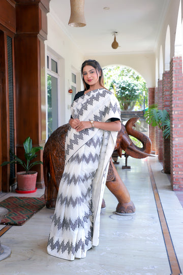 Off-White Cotton Saree with Black Thread Work & Beaded Abstract Design