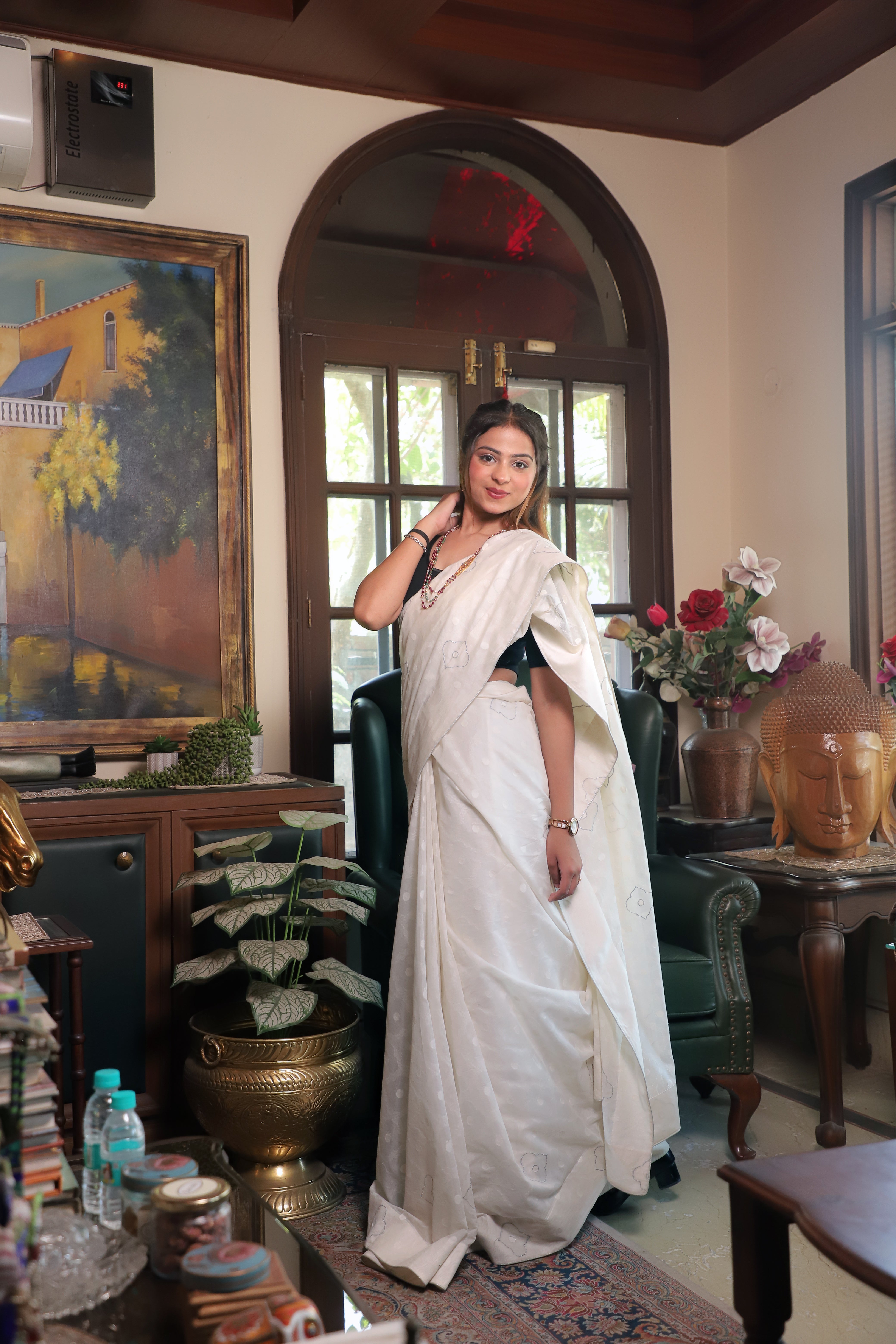 Elegant Off-White Cotton Saree with Grey Floral Butti & Subtle Dot Texture