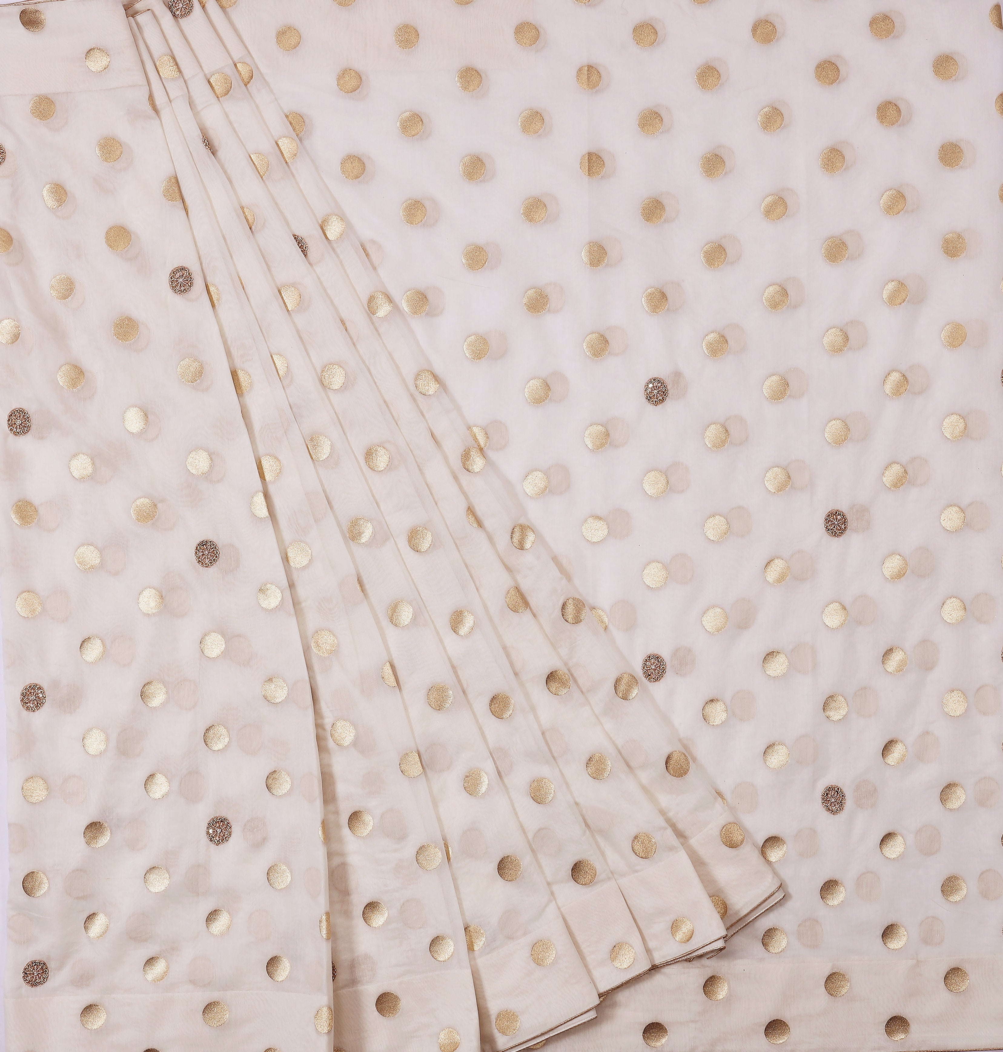 Elegant Cream Organza Saree with Gold Polka Dots – Festive & Party Wear Designer Saree