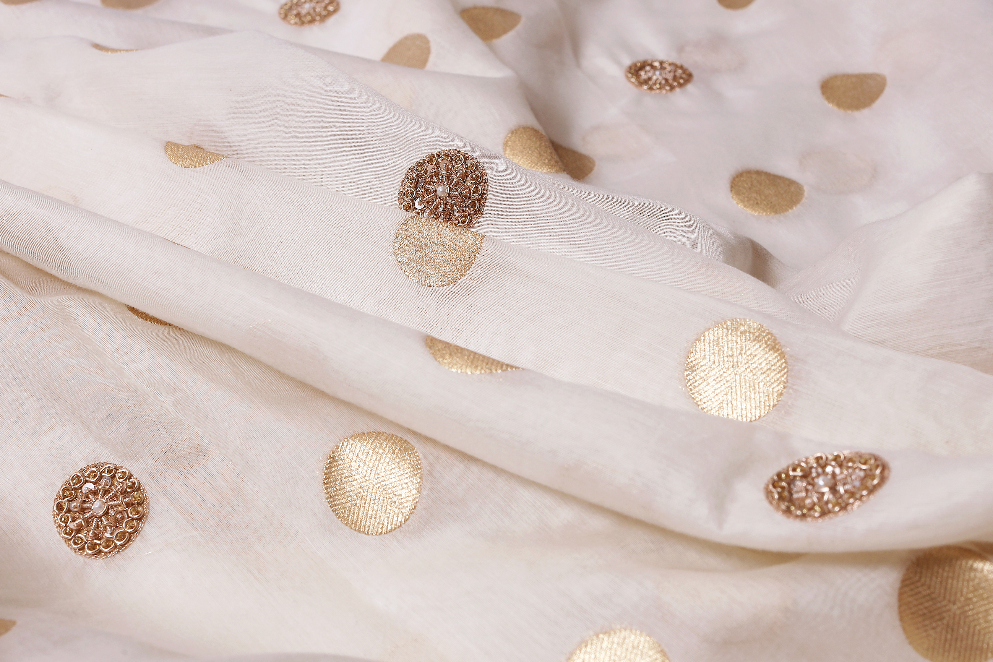 Elegant Cream Organza Saree with Gold Polka Dots – Festive & Party Wear Designer Saree