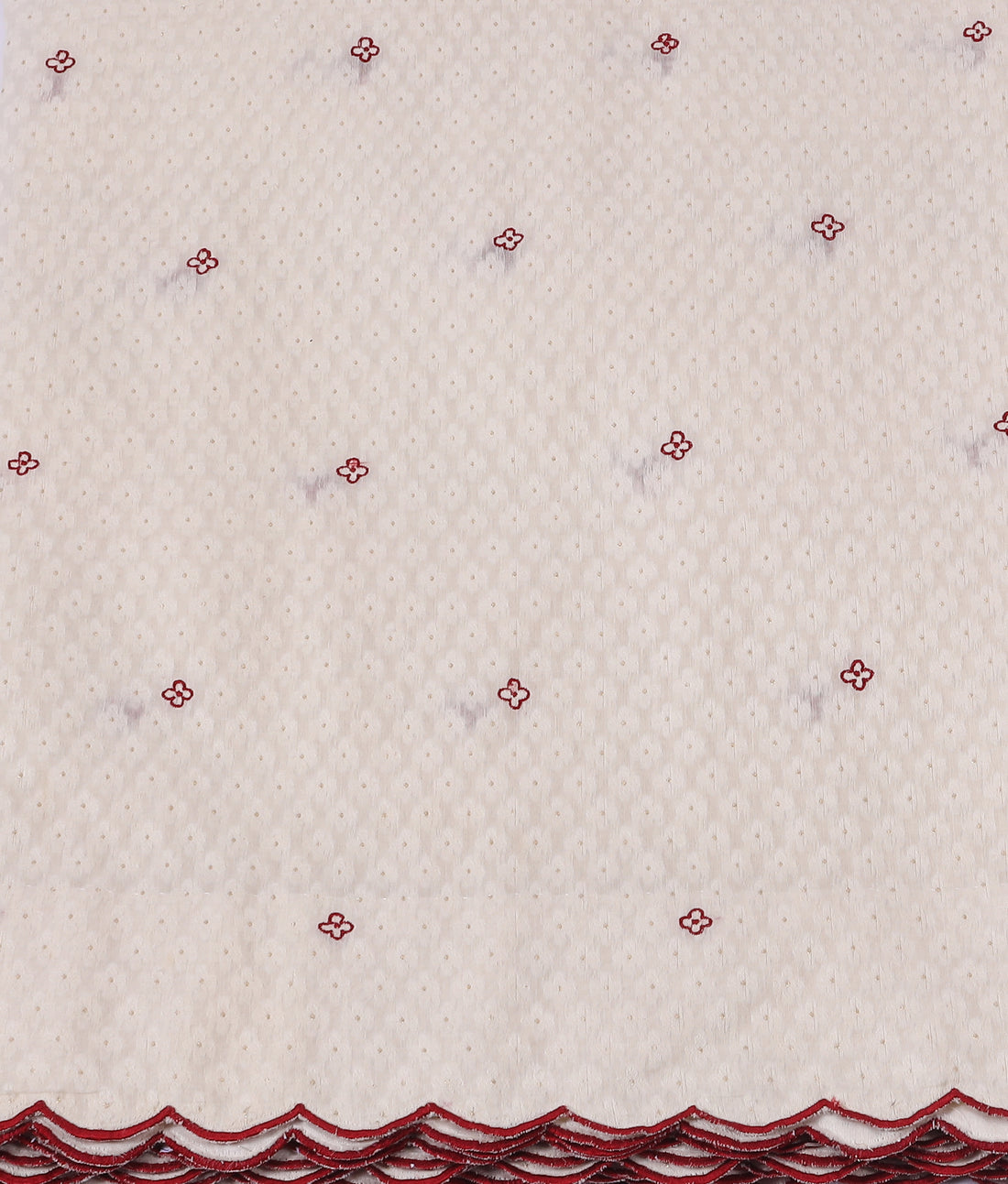 Elegant Off-White Cotton Saree with Red Floral Butti & Scalloped Border