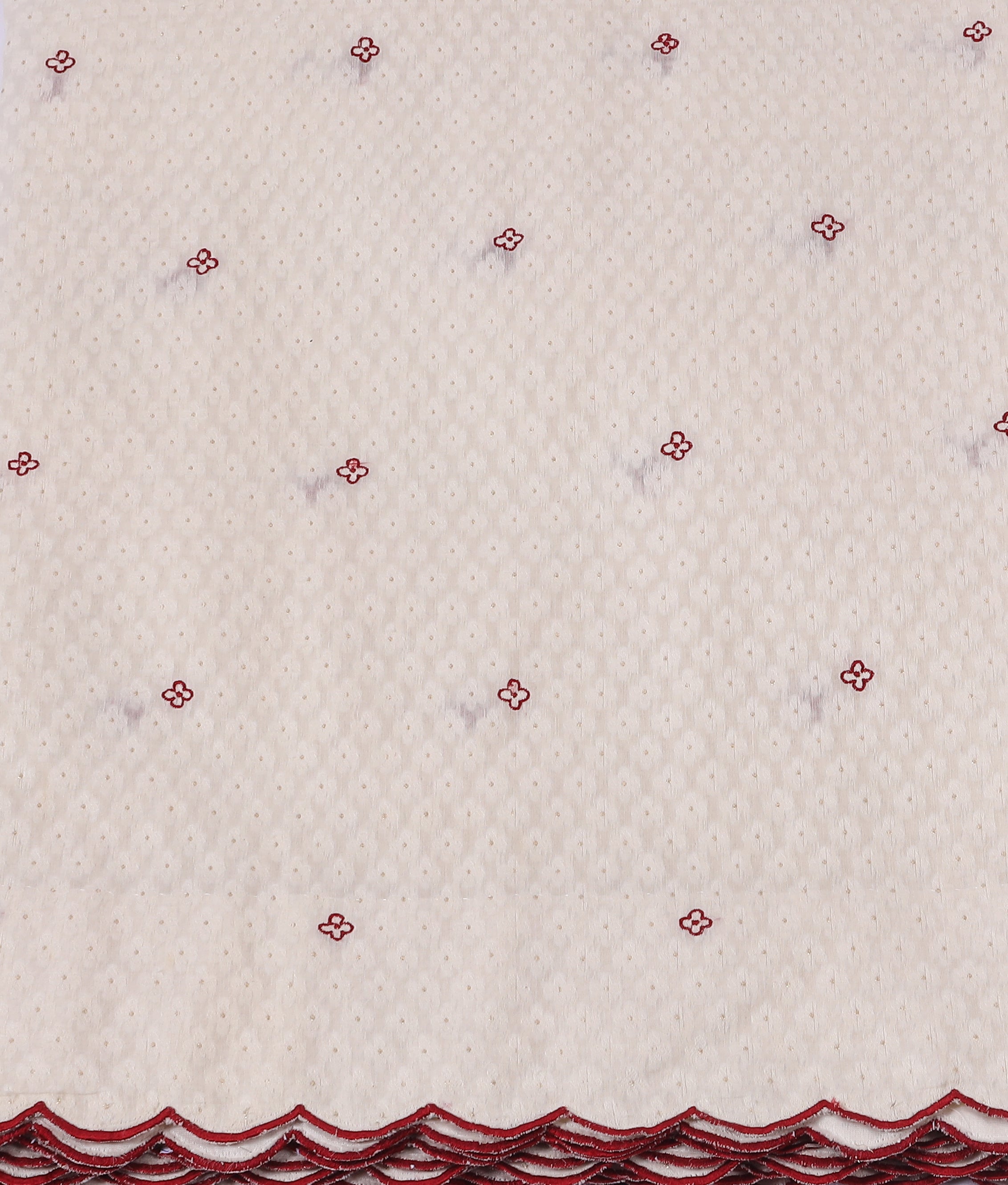 Elegant Off-White Cotton Saree with Red Floral Butti & Scalloped Border