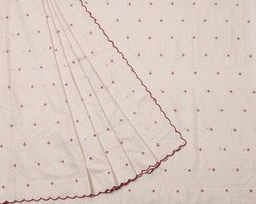 Elegant Off-White Cotton Saree with Red Floral Butti & Scalloped Border