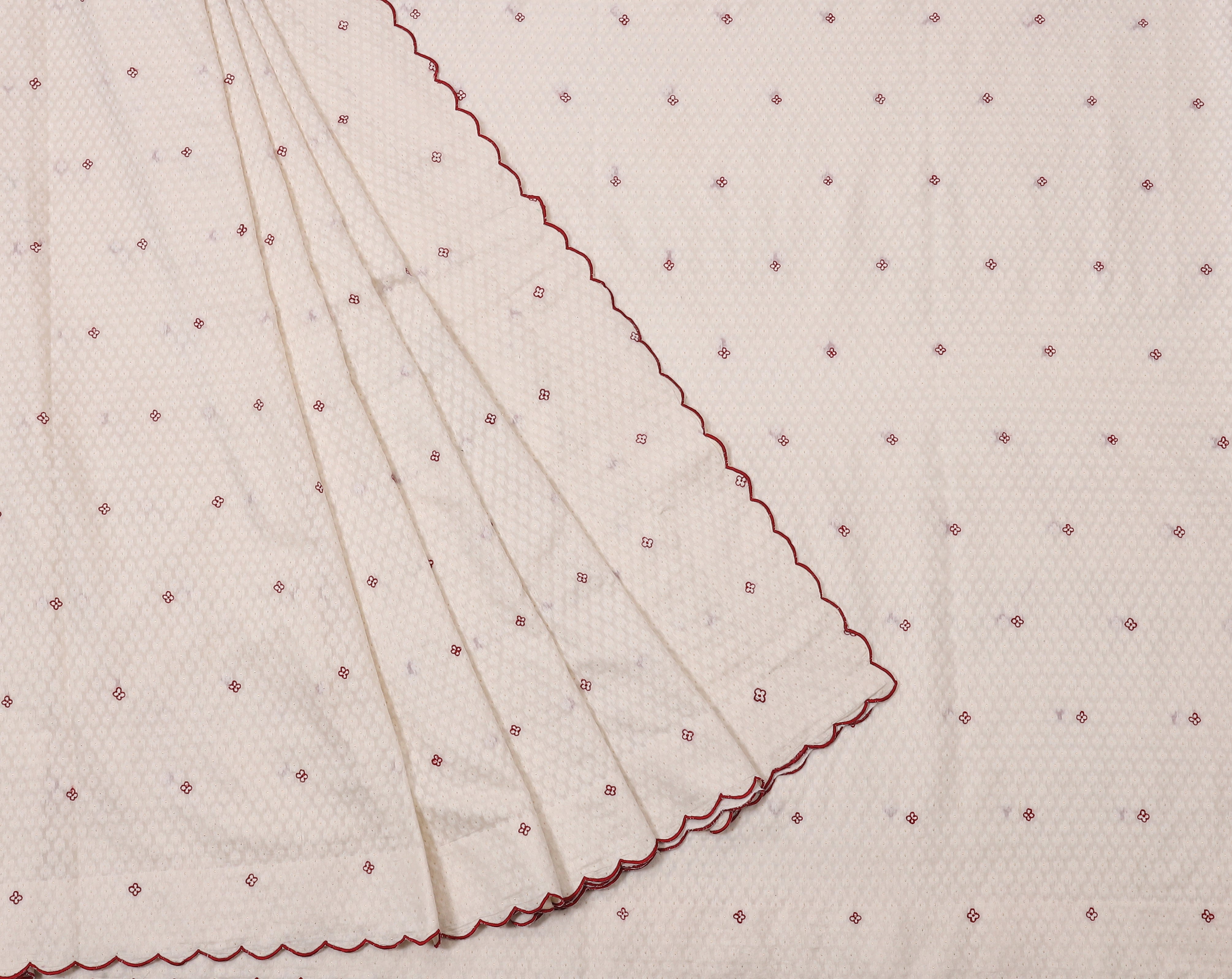 Elegant Off-White Cotton Saree with Red Floral Butti & Scalloped Border