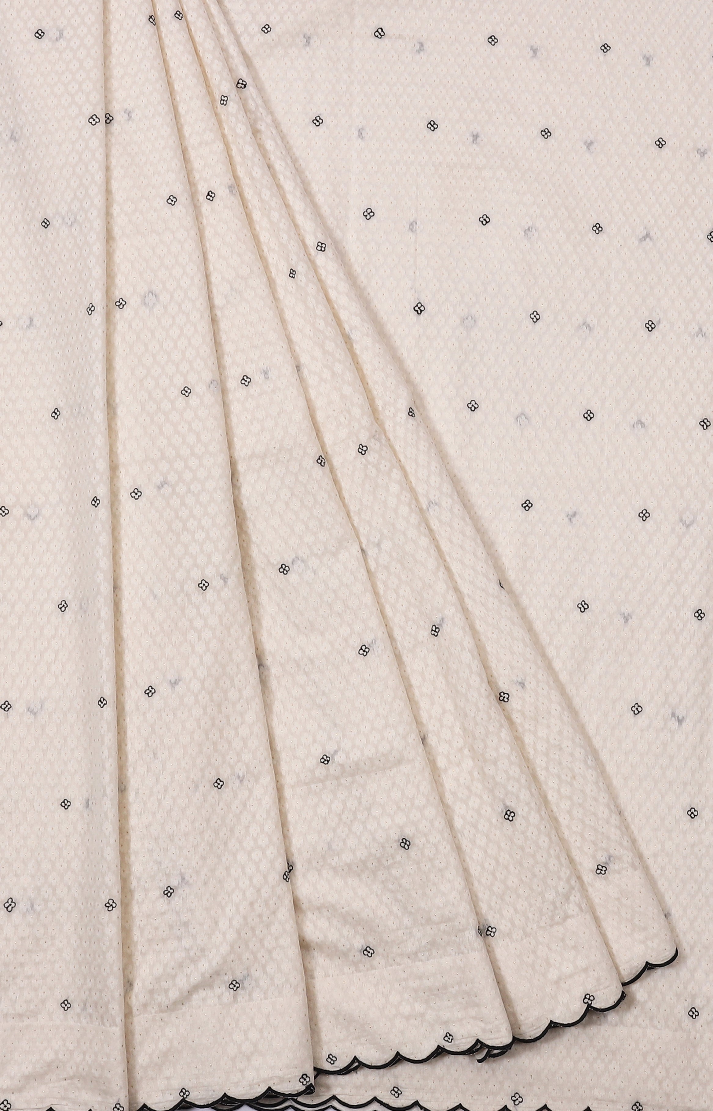 Off-White Cotton Saree with Black Floral Butti & Subtle Gold Dot Work