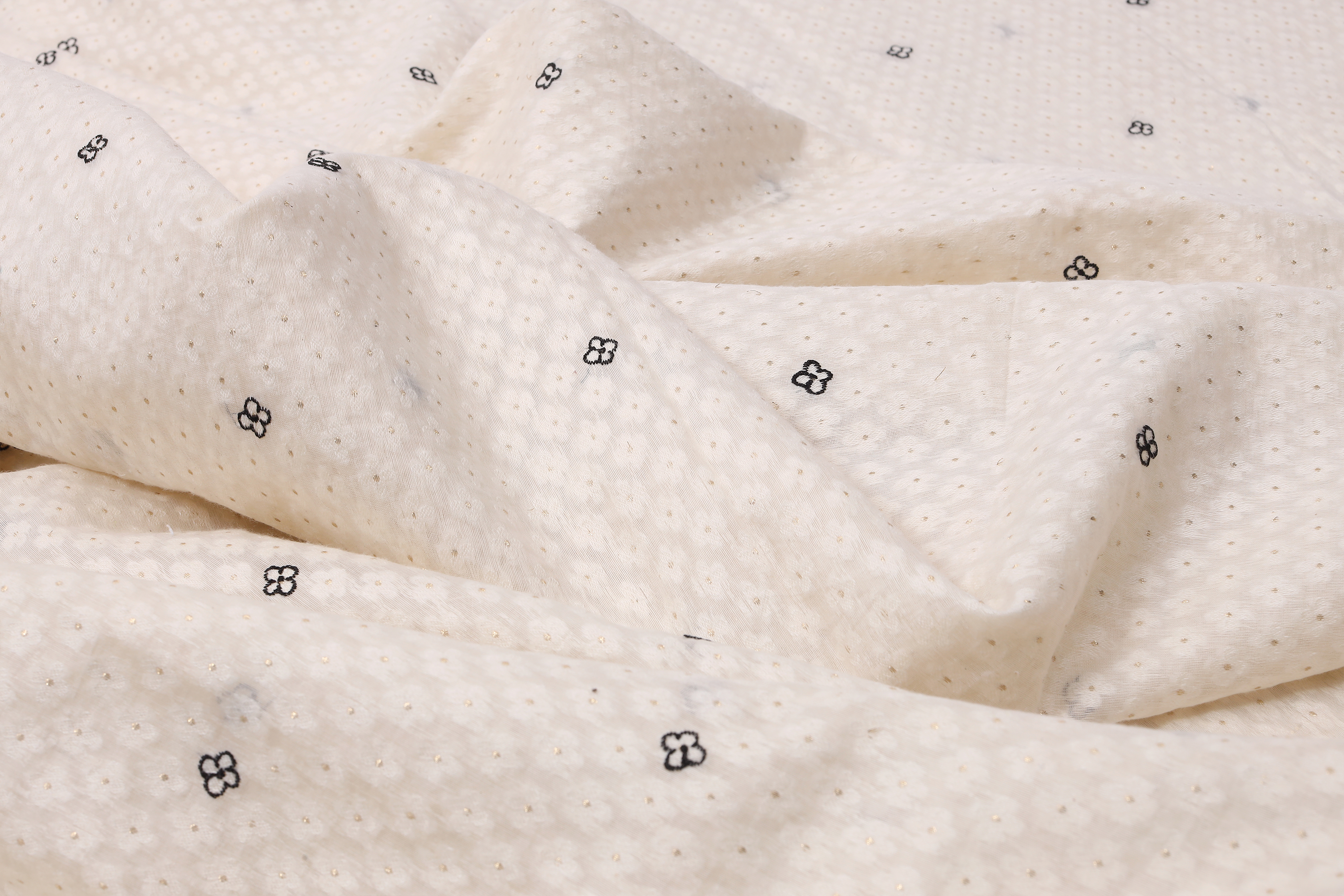 Off-White Cotton Saree with Black Floral Butti & Subtle Gold Dot Work