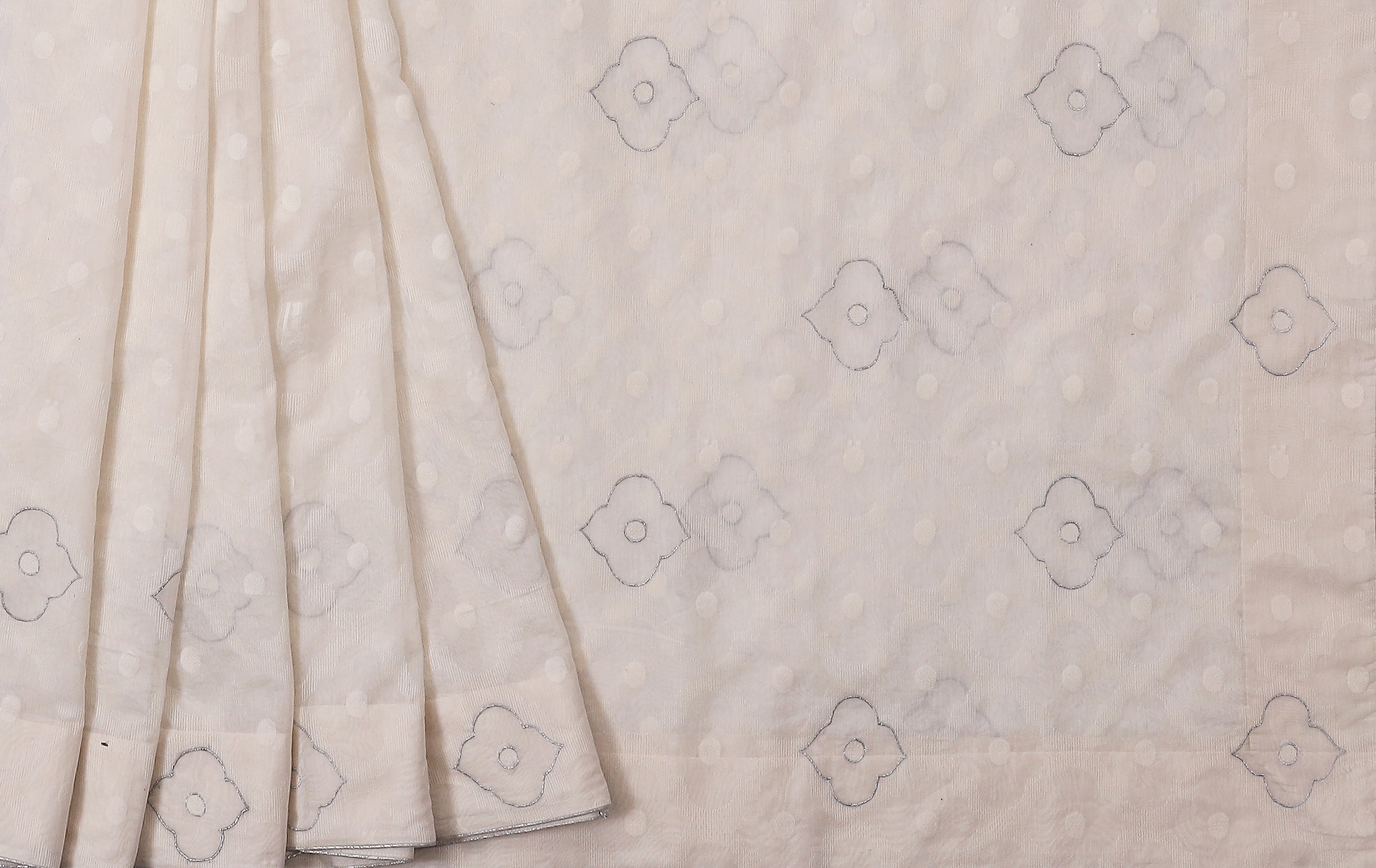 Elegant Off-White Cotton Saree with Grey Floral Butti & Subtle Dot Texture
