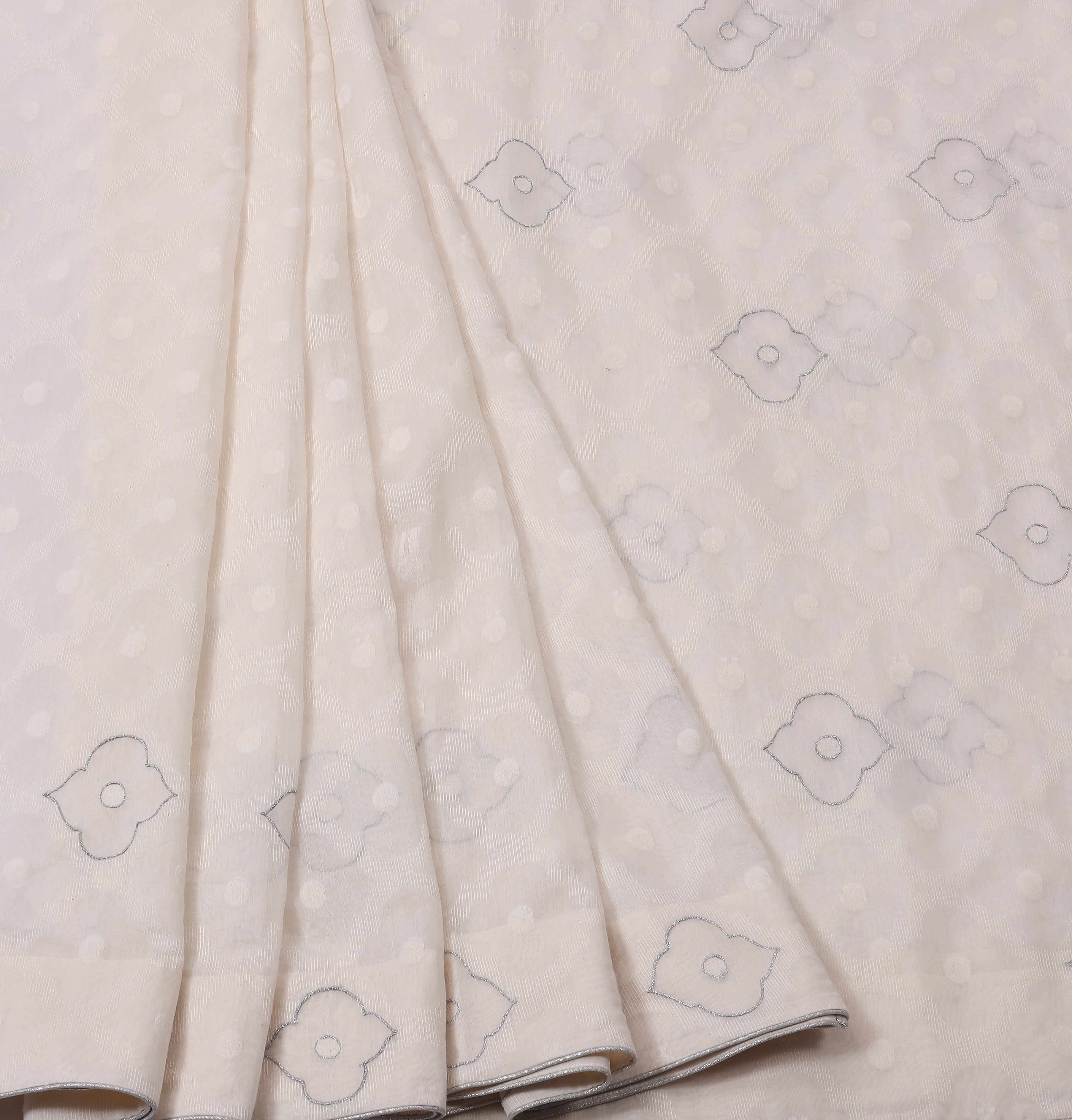Elegant Off-White Cotton Saree with Grey Floral Butti & Subtle Dot Texture