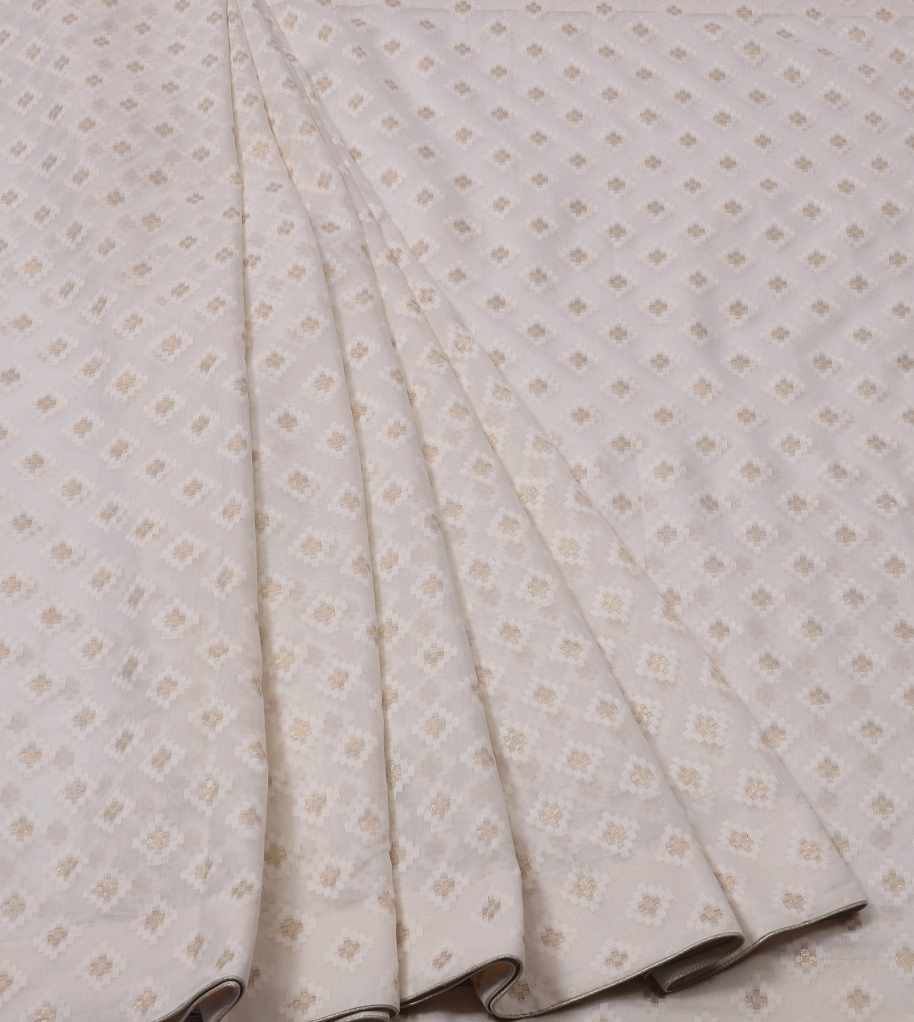 Off-White Cotton Saree with Gold Woven Diamond Butti Design
