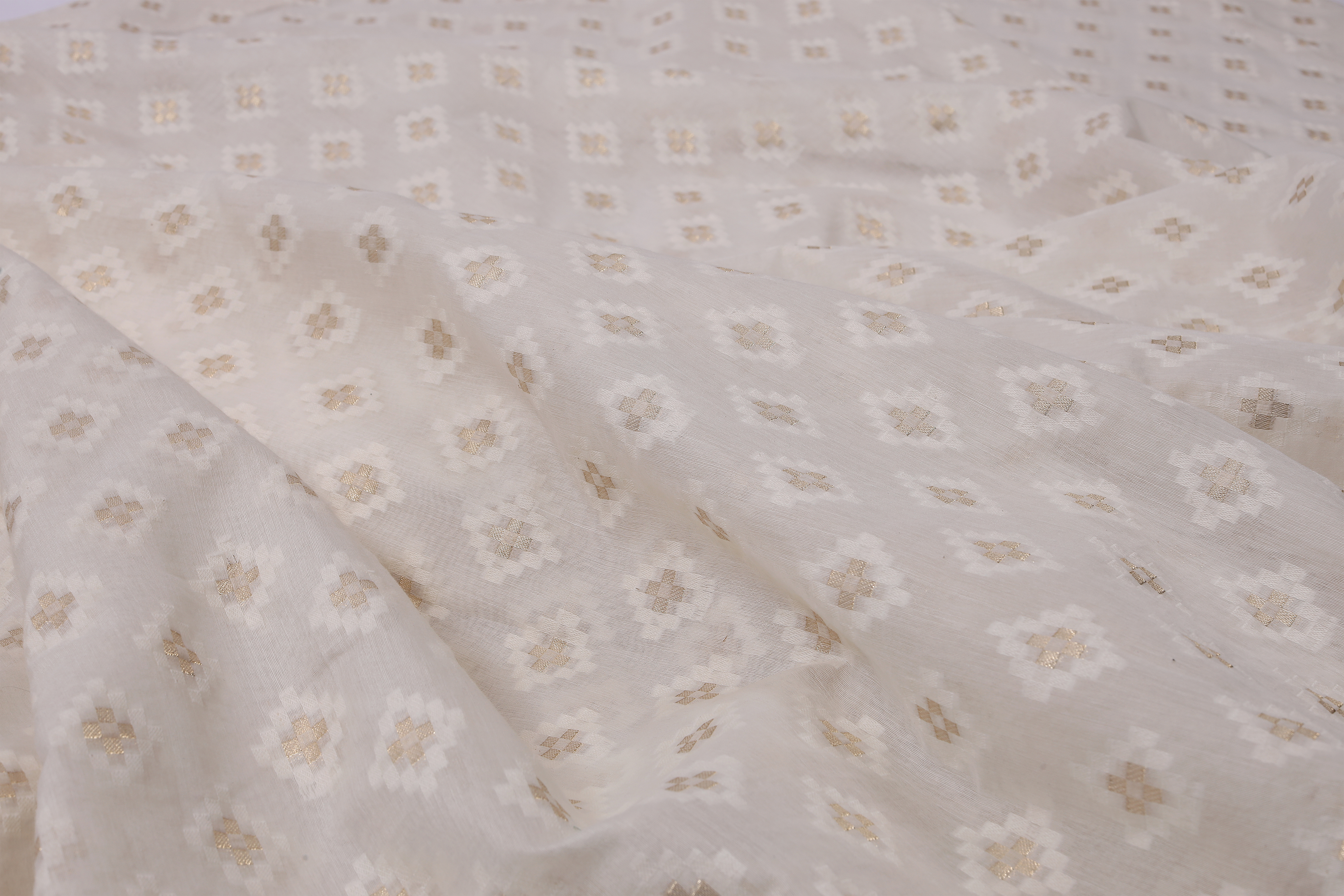 Off-White Cotton Saree with Gold Woven Diamond Butti Design