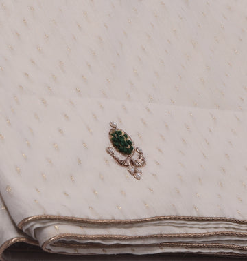 Off-White Cotton Saree with Gold Dots & Green Embellished Floral Motifs