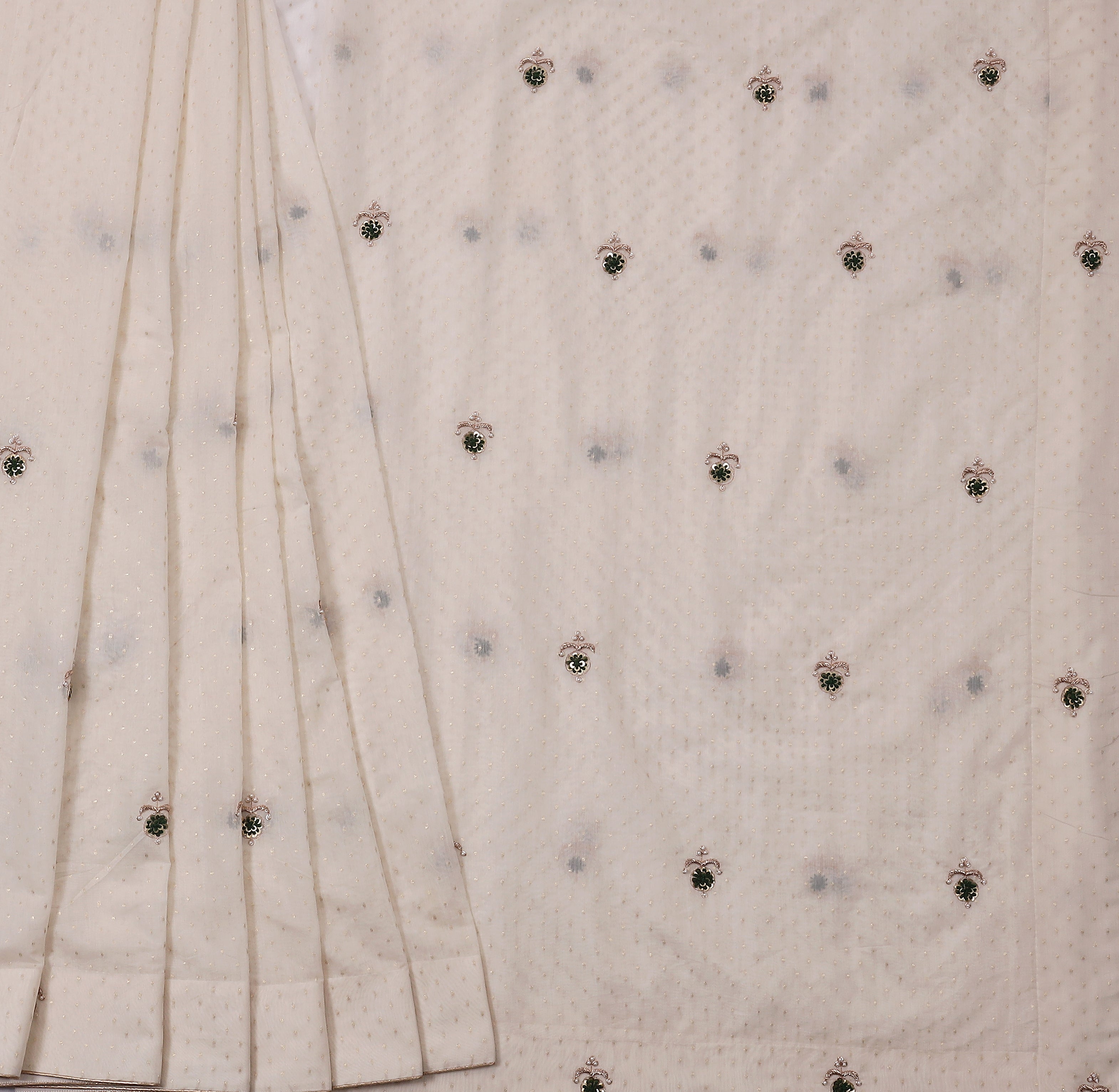 Off-White Cotton Saree with Gold Dots & Green Embellished Floral Motifs