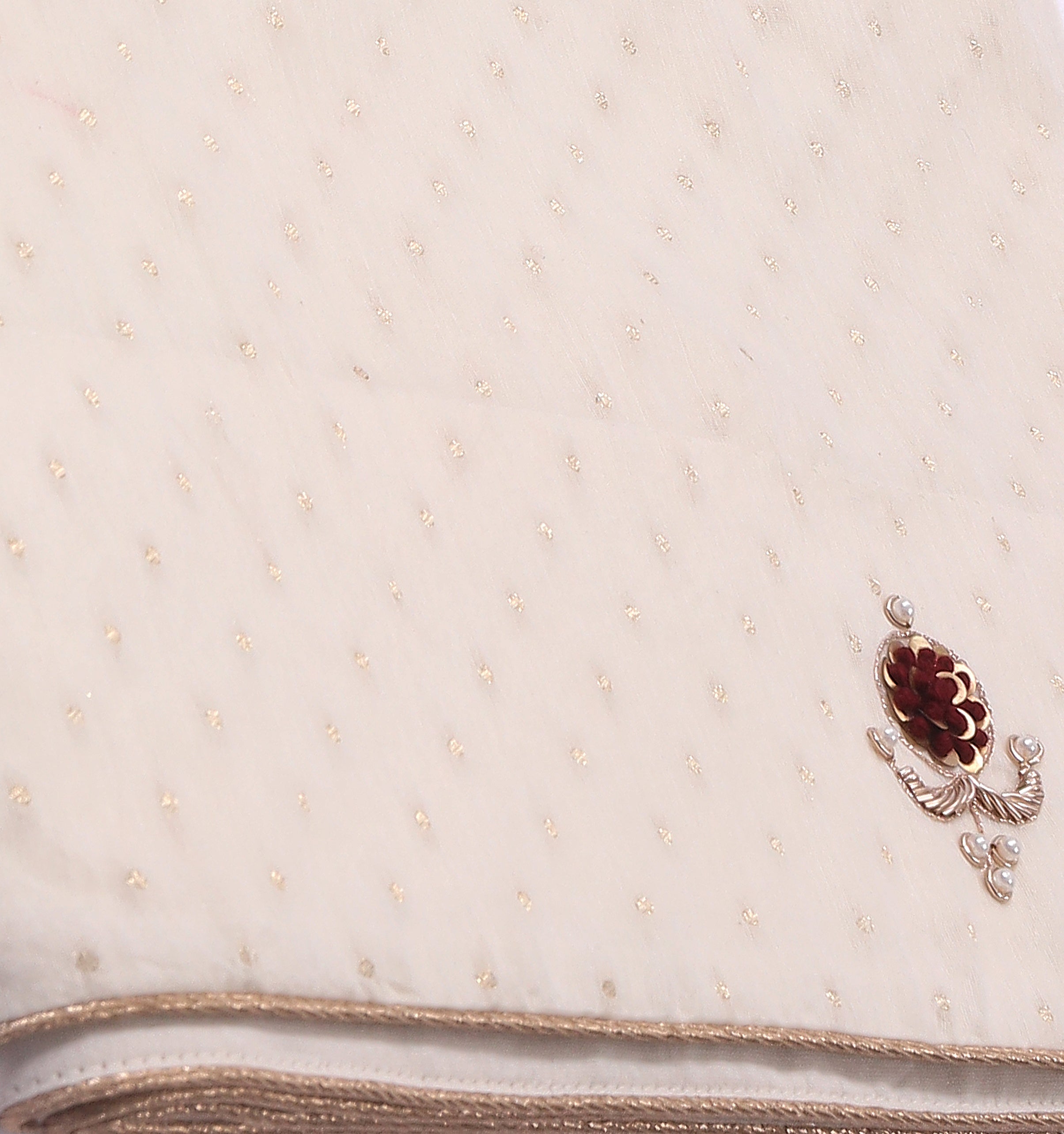 Off-White Cotton Saree with Maroon Embroidered Motifs & Subtle Gold Dot Texture