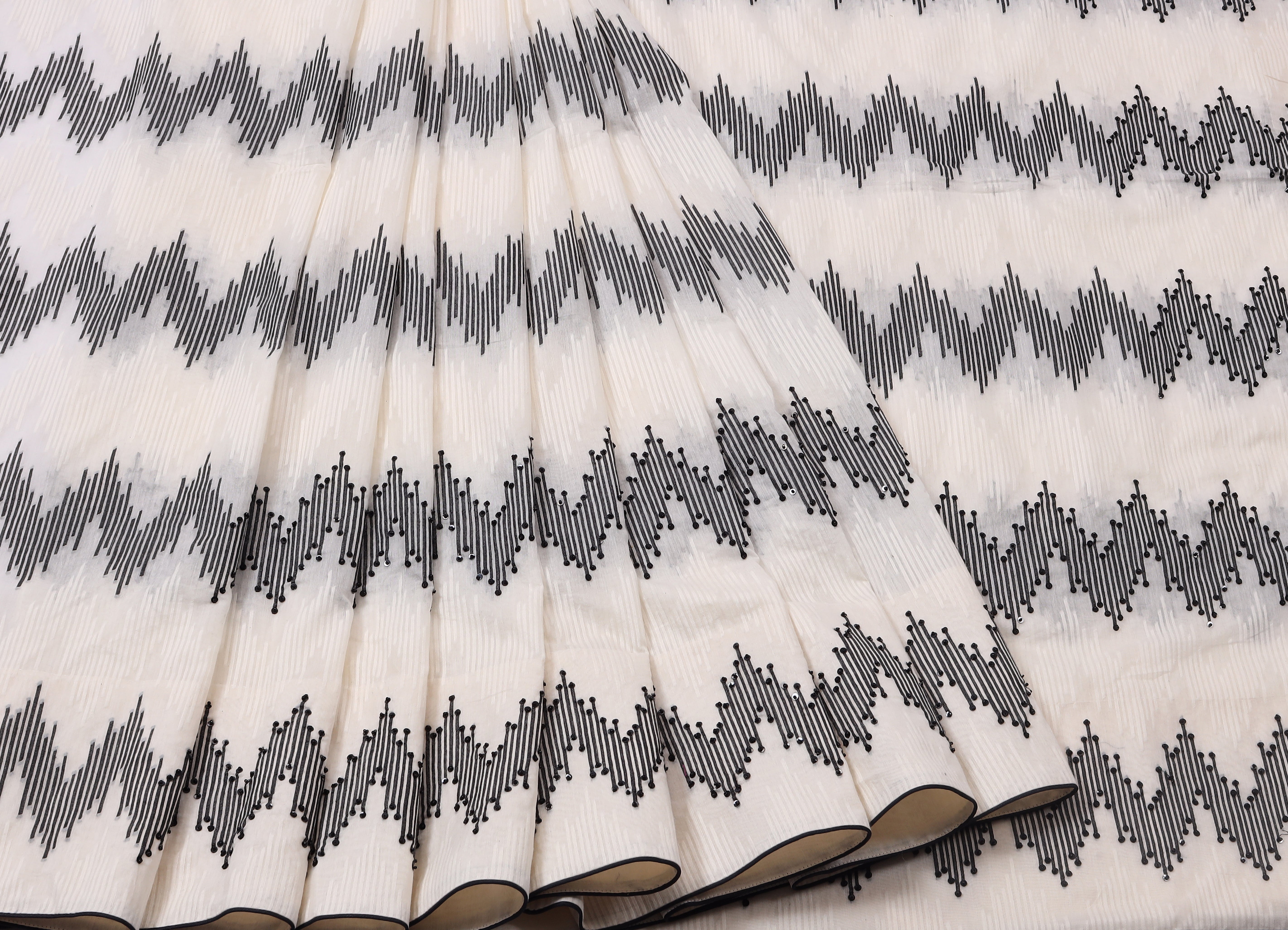 Off-White Cotton Saree with Black Thread Work & Beaded Abstract Design