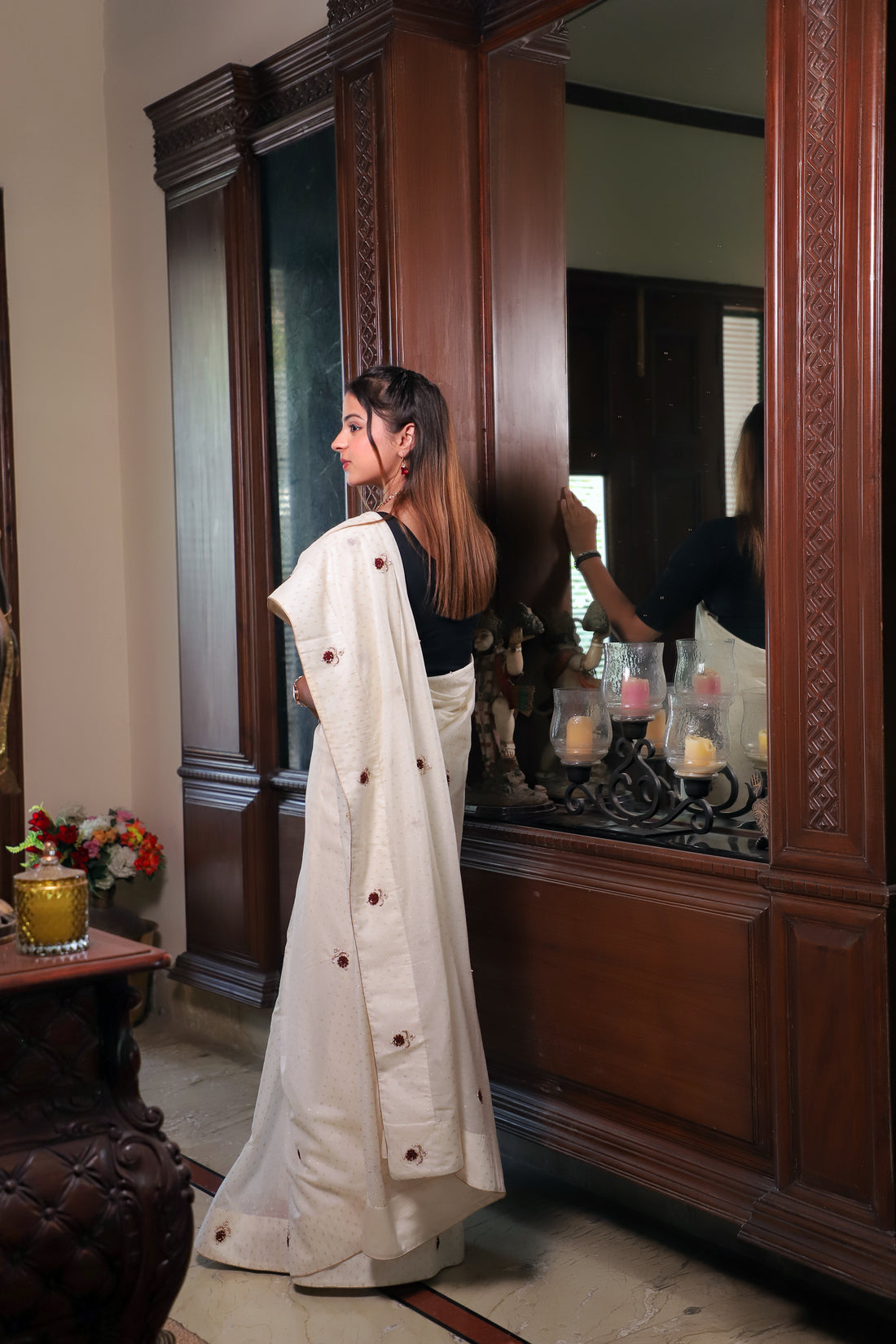 Off-White Cotton Saree with Maroon Embroidered Motifs & Subtle Gold Dot Texture