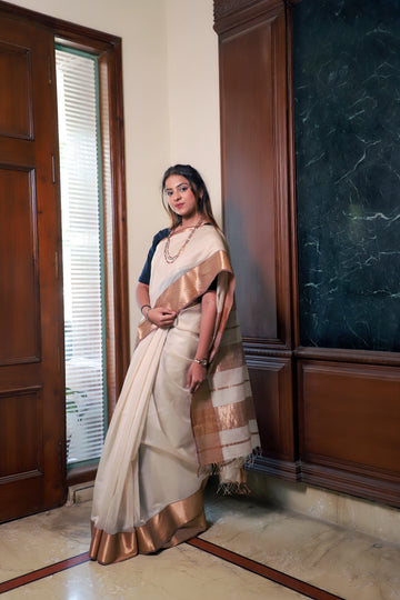 Sophisticated Beige & Copper Silk Saree – Subtle Shine, Timeless Grace