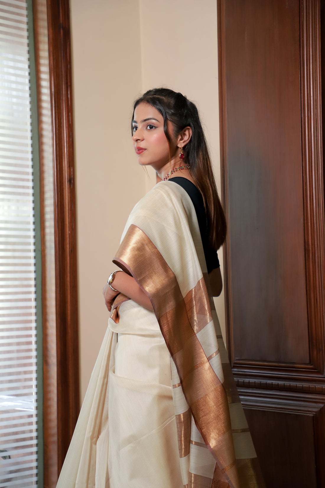Sophisticated Beige & Copper Silk Saree – Subtle Shine, Timeless Grace