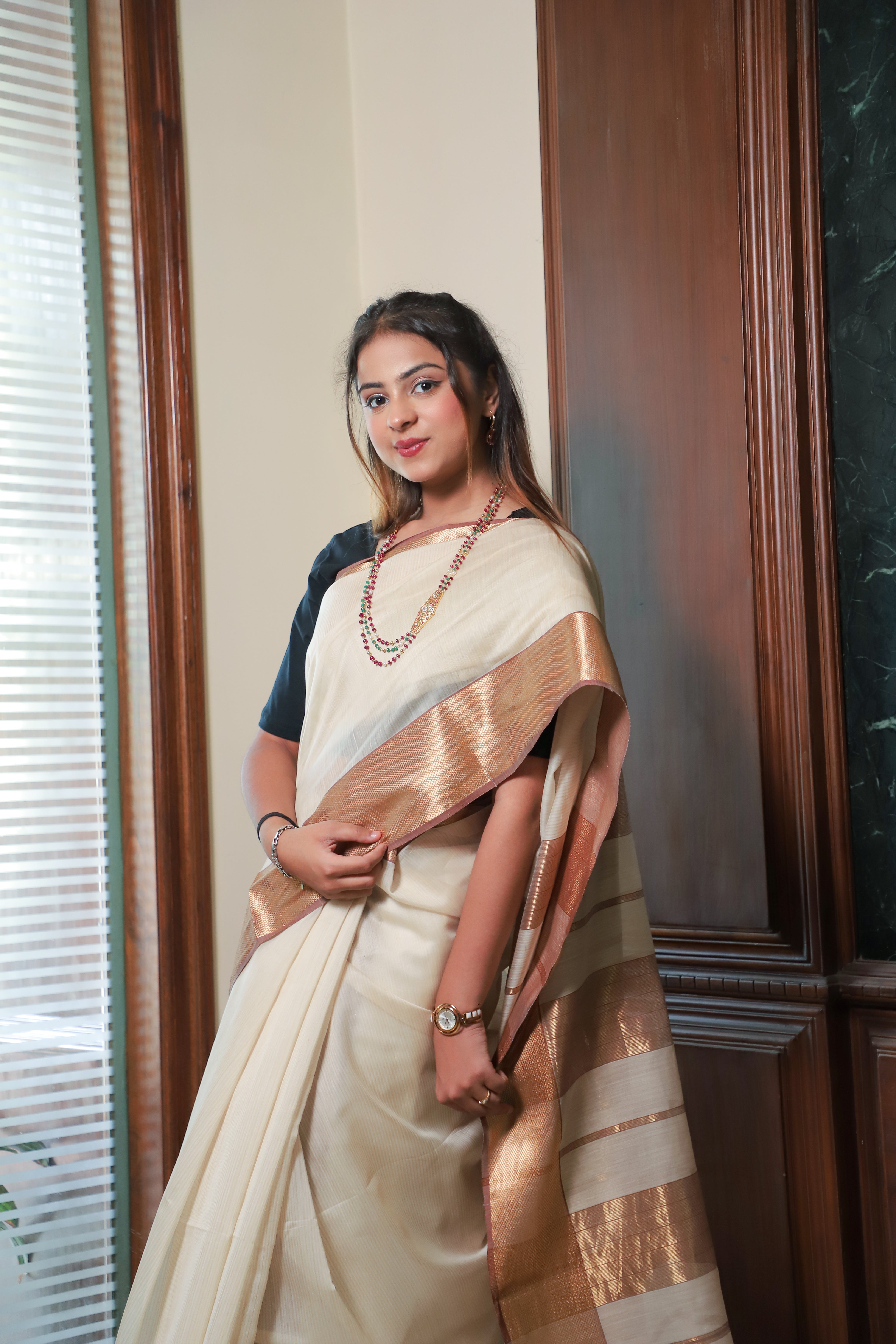 Sophisticated Beige & Copper Silk Saree – Subtle Shine, Timeless Grace