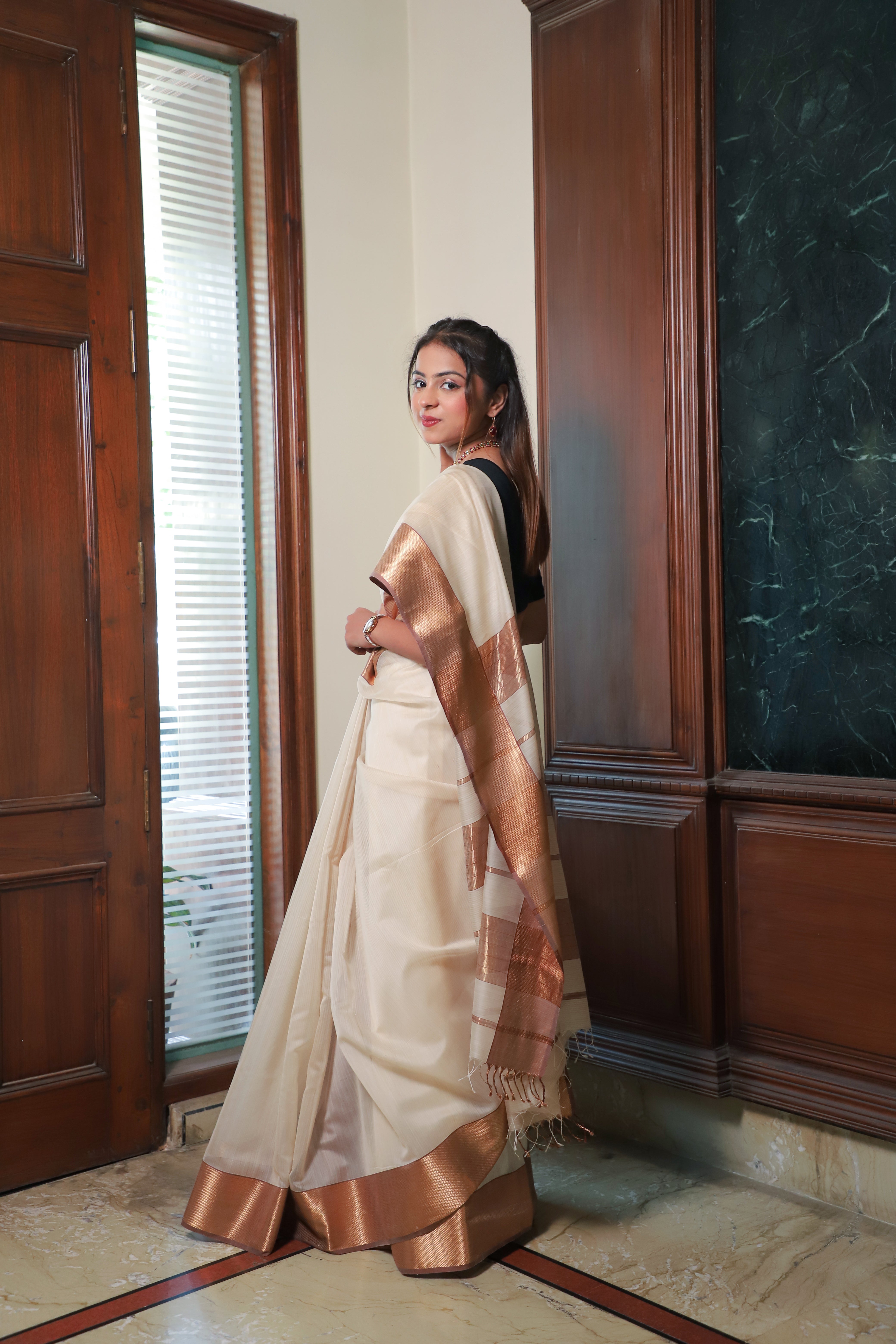 Sophisticated Beige & Copper Silk Saree – Subtle Shine, Timeless Grace