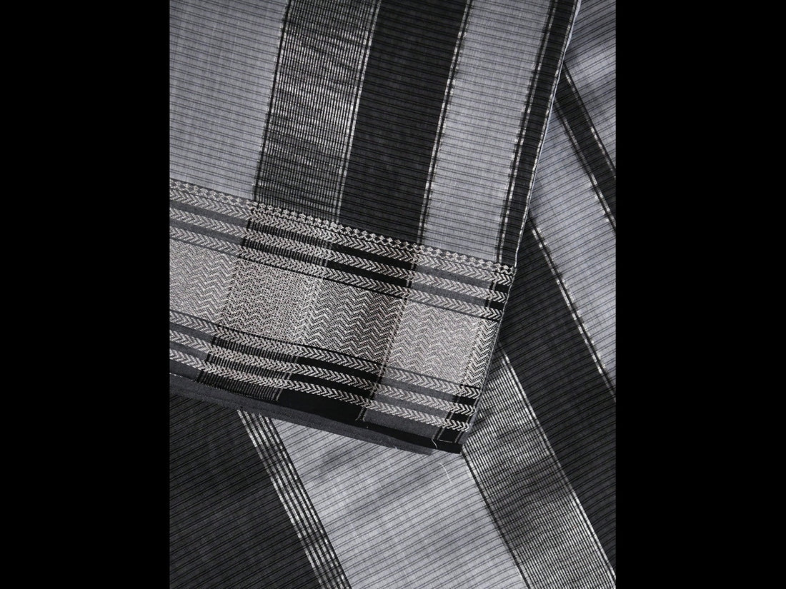Off-White Cotton Saree with Black Stripes & Woven Border