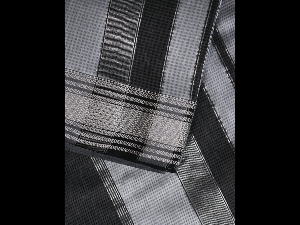 Off-White Cotton Saree with Black Stripes & Woven Border