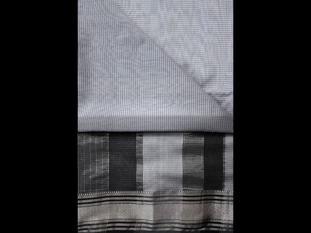 Off-White Cotton Saree with Black Stripes & Woven Border