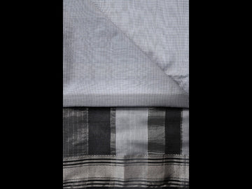 Off-White Cotton Saree with Black Stripes & Woven Border