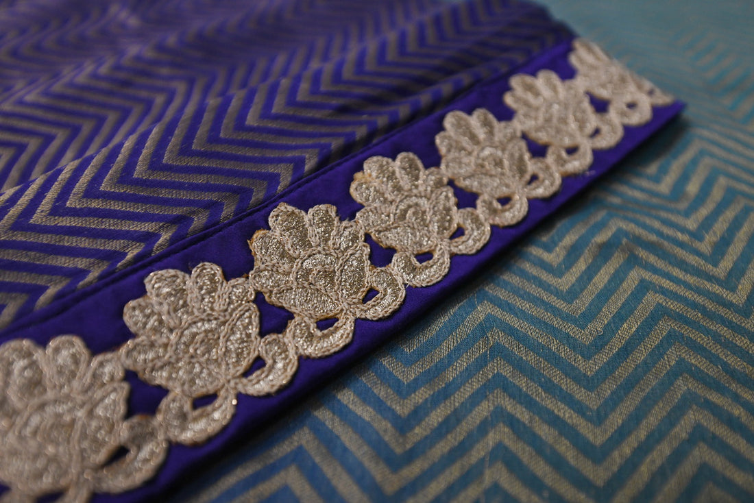 Royal Blue & Teal Chevron Cotton Saree with Zari Lace Border