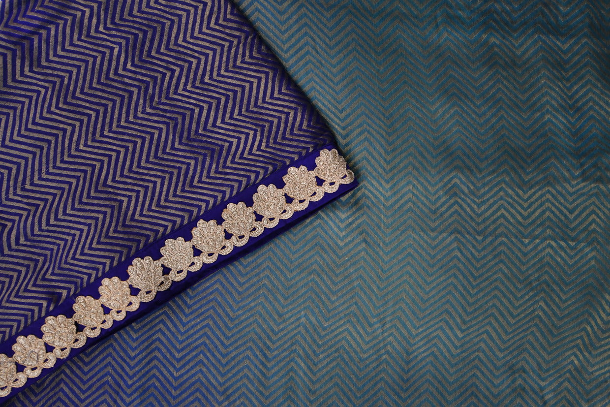 Royal Blue & Teal Chevron Cotton Saree with Zari Lace Border