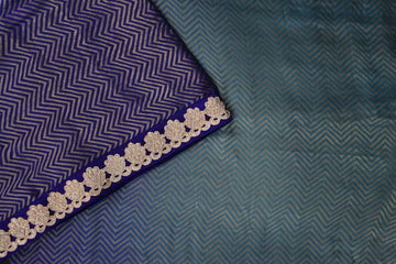 Royal Blue & Teal Chevron Cotton Saree with Zari Lace Border