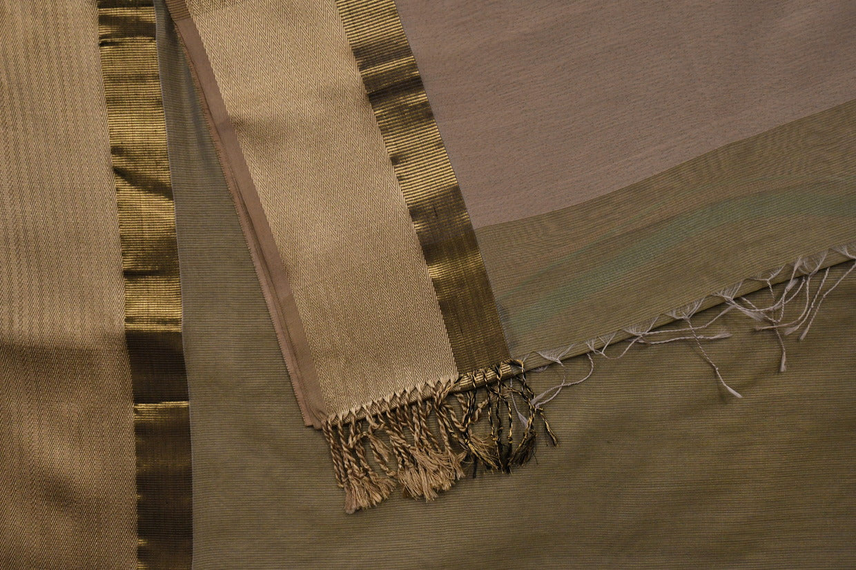 Elegant Beige-Gold Cotton Saree with Rich Zari Border & Tassel Pallu