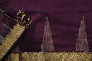 Royal Wine Silk Saree with Temple Motifs & Zari Border – Regal Elegance