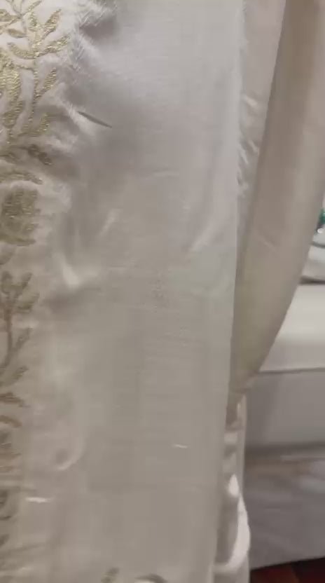 Ivory Chevron Textured Fabric with Gold Floral Embroidered Border