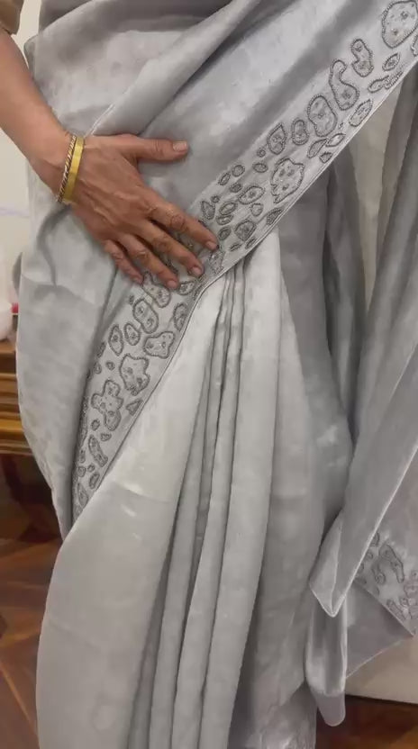 Soft Grey Luxury Saree with Artistic Detailing